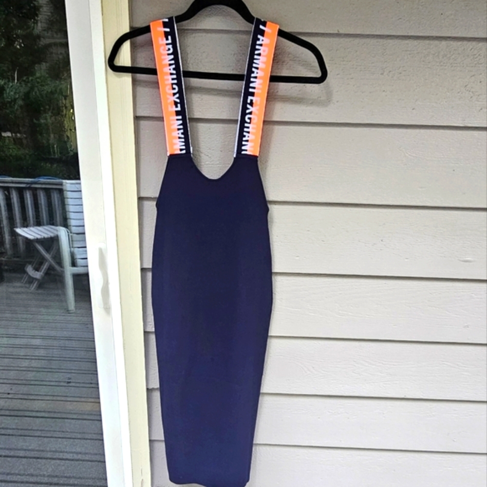 A | X ARMANI EXCHANGE NAVY BLUE STRETCHY DRESS WITH ORANGE NEON STRAPS LOGO NWOT - Picture 9 of 16